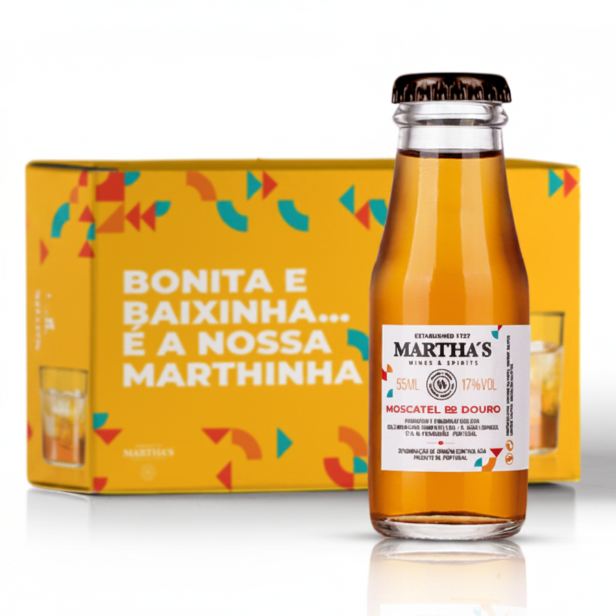 Martha's Moscatel do Douro wine bottle with a colorful box in the background