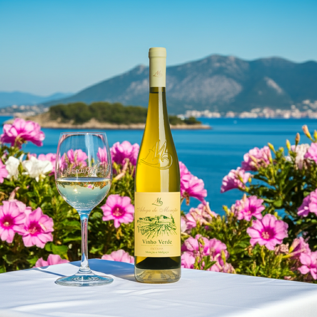 A bottle of Adega de Moncao Verde Branco 2025 white wine and a filled wine glass on a white tablecloth, set against a scenic background of a blue sea, mountains, and pink flowers.
