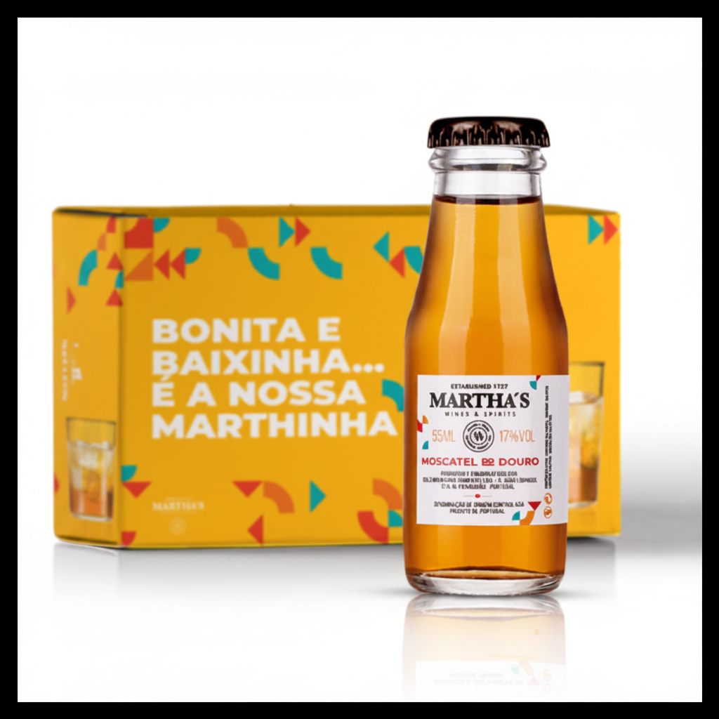 Martha's Moscatel do Douro wine bottle with a colorful box in the background