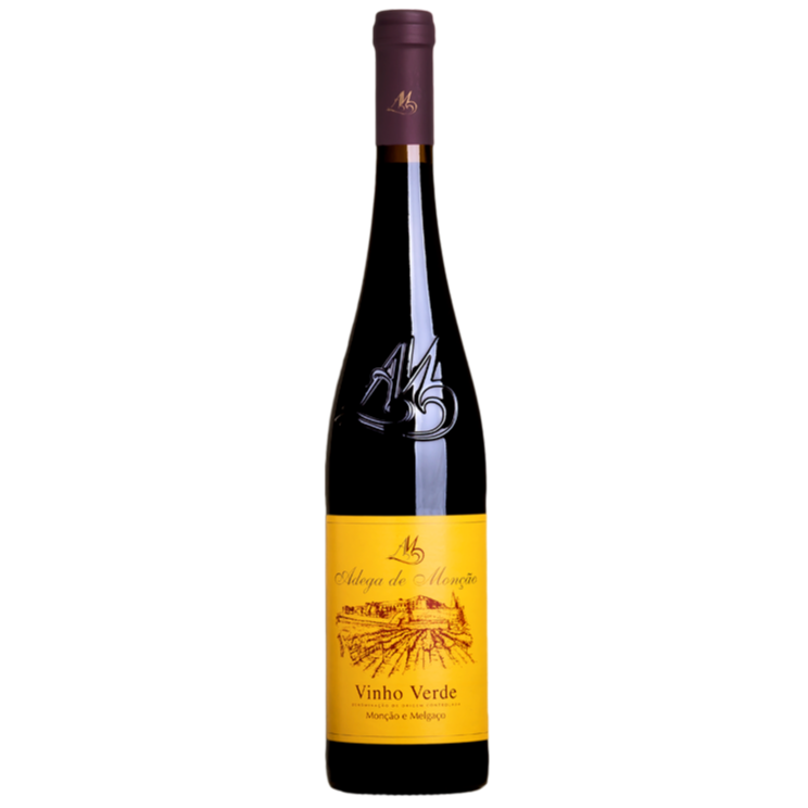 Wine bottle with yellow label on a white background